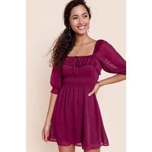 Row A Women's Susie Clip Dot Ruffle Trim Mini Dress In Burgundy Small MSRP $54